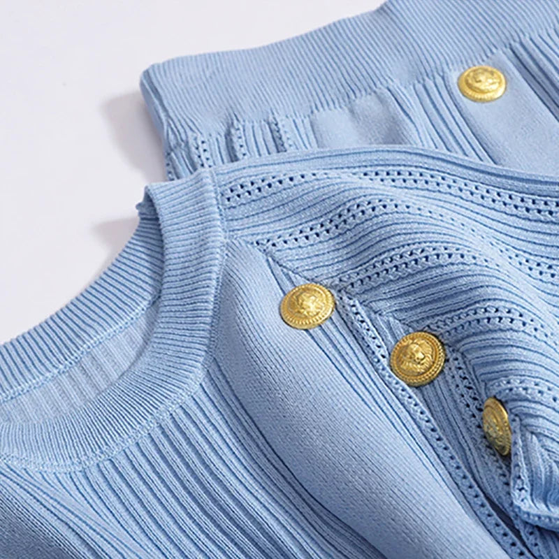 Women Spring Two-Piece Set With O-Neck Short Sleeve T-Shirt And Metal Button Knee-Length Skirt Vintage Elastic Waistband Summer Outfit