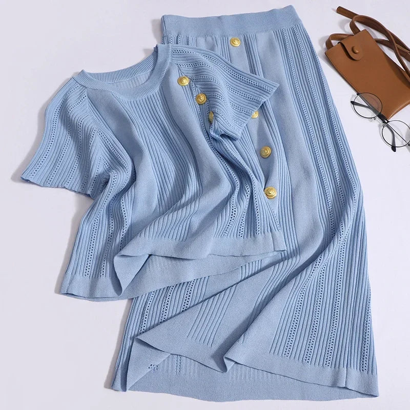 Women Spring Two-Piece Set With O-Neck Short Sleeve T-Shirt And Metal Button Knee-Length Skirt Vintage Elastic Waistband Summer Outfit
