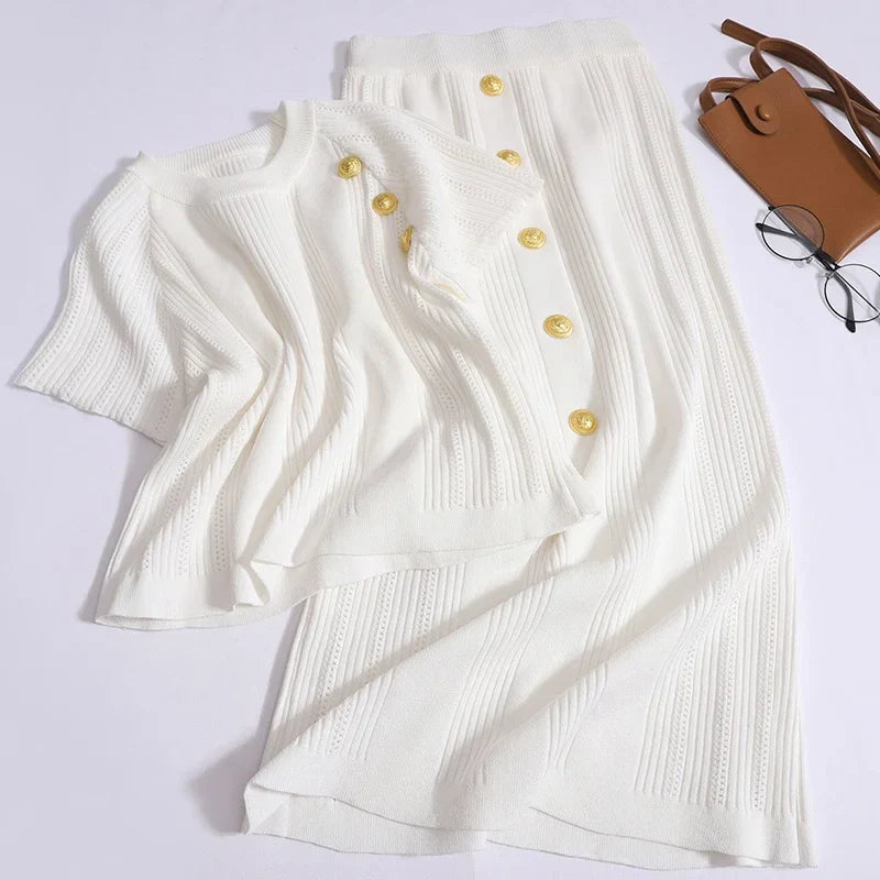 Women Spring Two-Piece Set With O-Neck Short Sleeve T-Shirt And Metal Button Knee-Length Skirt Vintage Elastic Waistband Summer Outfit