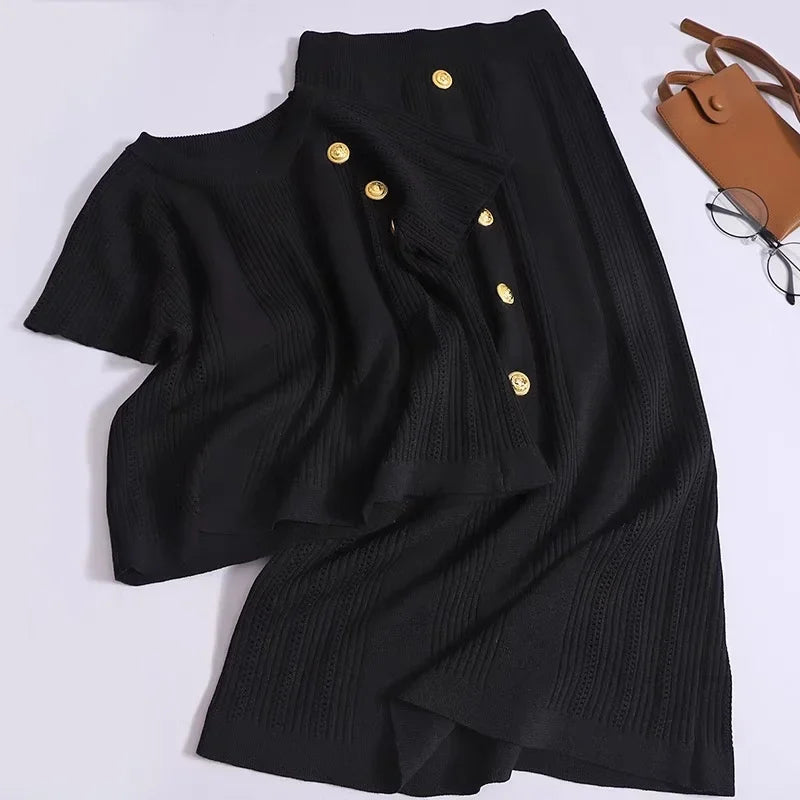 Women Spring Two-Piece Set With O-Neck Short Sleeve T-Shirt And Metal Button Knee-Length Skirt Vintage Elastic Waistband Summer Outfit