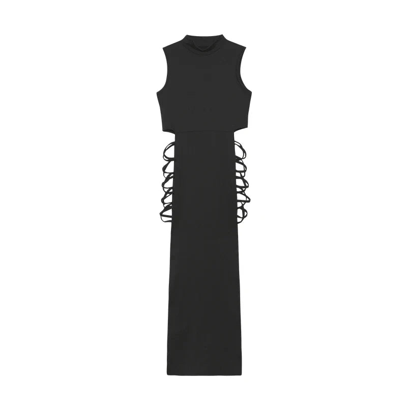 Chic Criss Cross Cut Out Dress with Sexy Bodycon Fit and Mock Neck Sleeveless Design for Elegant Women
