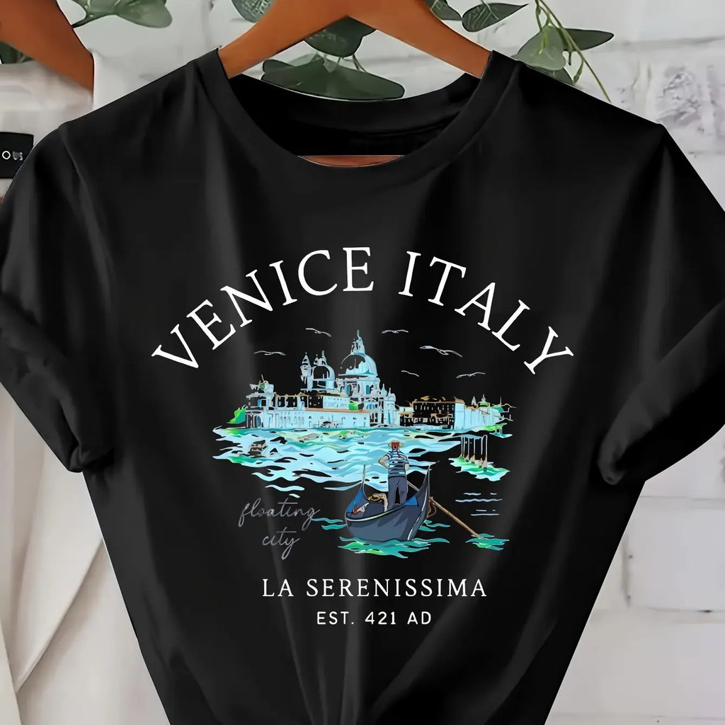 Women's Italy Print Short Sleeve Crew Neck T-Shirt Casual Summer and Spring Top