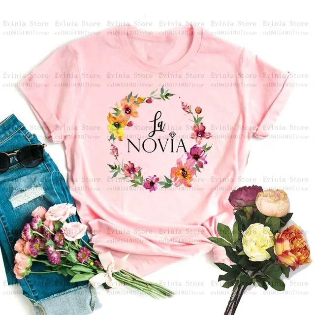 Team Bride La Novia Print Bachelorette T-Shirt Women Casual O-Neck Short Sleeve Basic Tee for Wedding Party