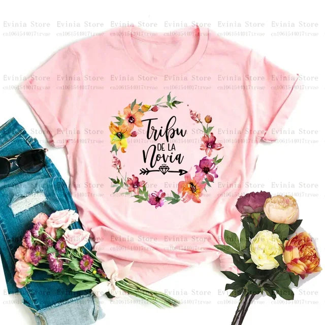 Team Bride La Novia Print Bachelorette T-Shirt Women Casual O-Neck Short Sleeve Basic Tee for Wedding Party