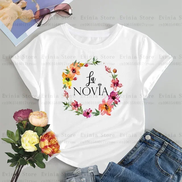 Team Bride La Novia Print Bachelorette T-Shirt Women Casual O-Neck Short Sleeve Basic Tee for Wedding Party