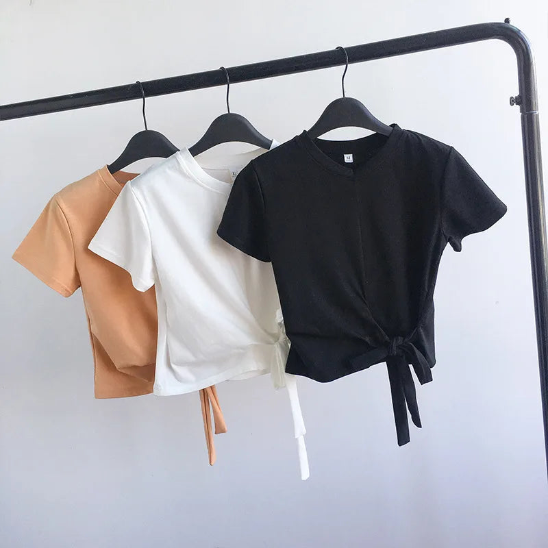 Trendy Solid Color Sexy Crop Top for Women Short Sleeve Niche Design Y2K Streetwear Summer Tee