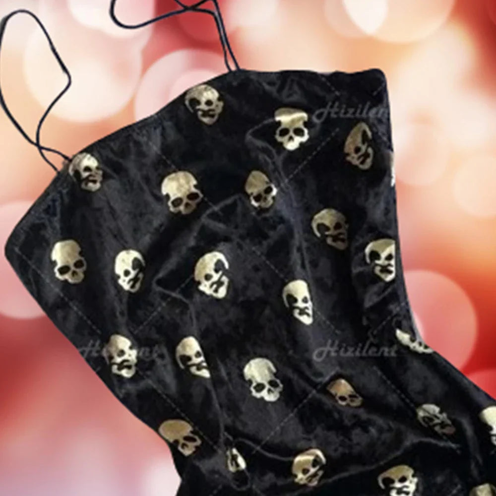 Black Skull Print Traf Retro Street Punk Slim Fit Mini Dress for Women