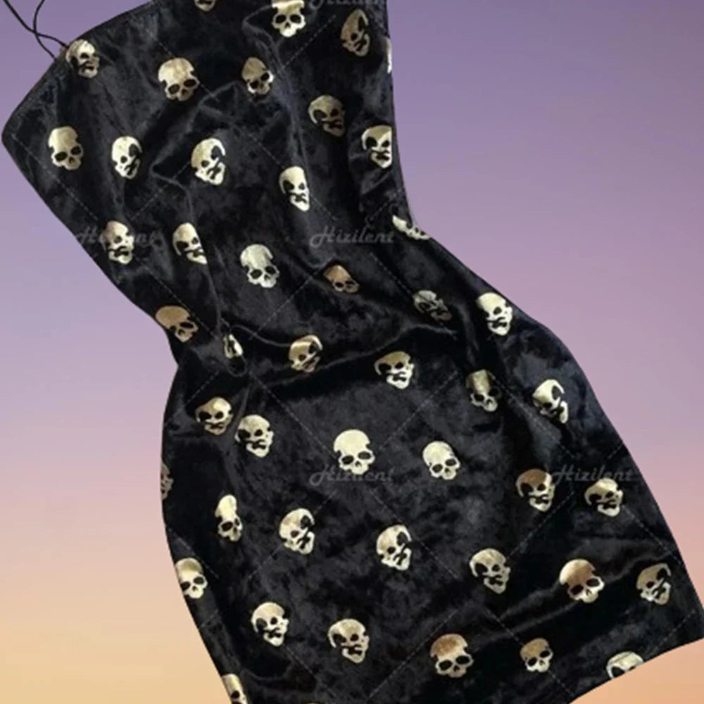 Black Skull Print Traf Retro Street Punk Slim Fit Mini Dress for Women