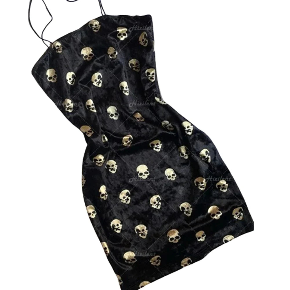 Black Skull Print Traf Retro Street Punk Slim Fit Mini Dress for Women