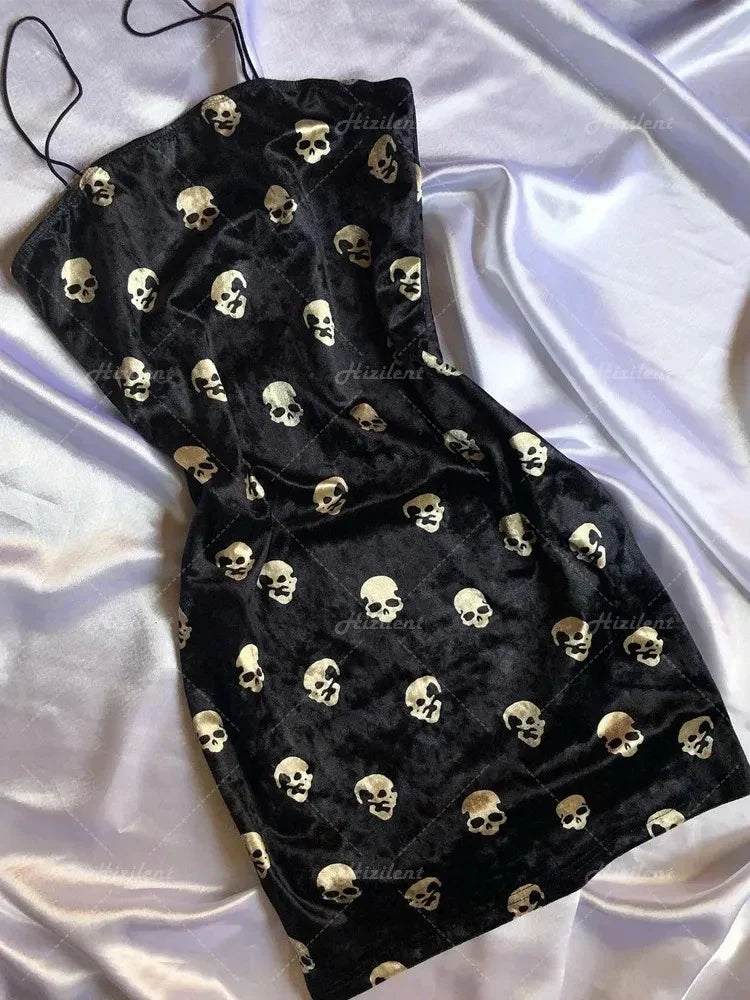 Black Skull Print Traf Retro Street Punk Slim Fit Mini Dress for Women