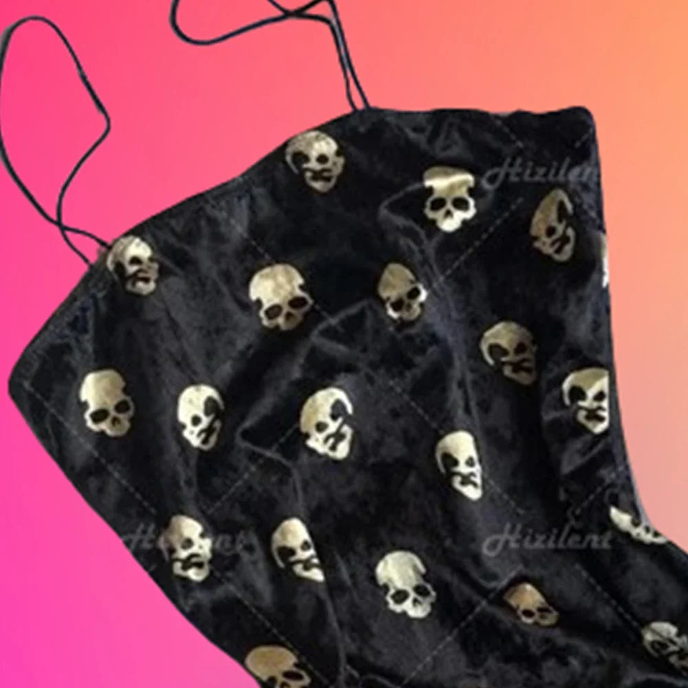 Black Skull Print Traf Retro Street Punk Slim Fit Mini Dress for Women