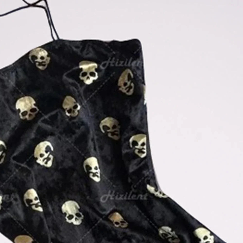Black Skull Print Traf Retro Street Punk Slim Fit Mini Dress for Women