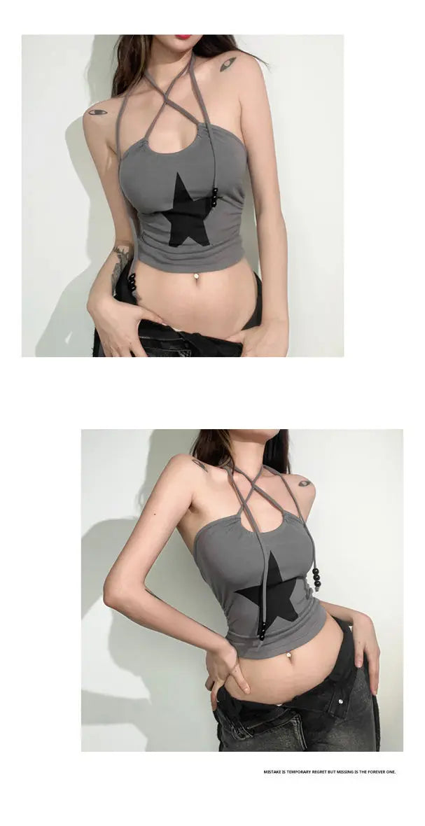 Personality Street Star Print Halter Sleeveless Crop Top Goth Punk Retro Y2K Sexy Clubwear for Women