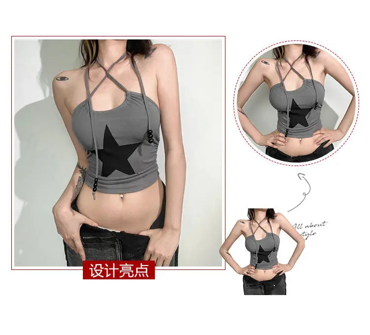 Personality Street Star Print Halter Sleeveless Crop Top Goth Punk Retro Y2K Sexy Clubwear for Women