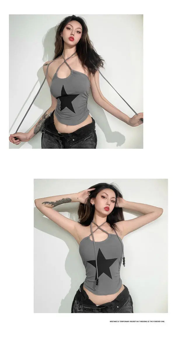 Personality Street Star Print Halter Sleeveless Crop Top Goth Punk Retro Y2K Sexy Clubwear for Women