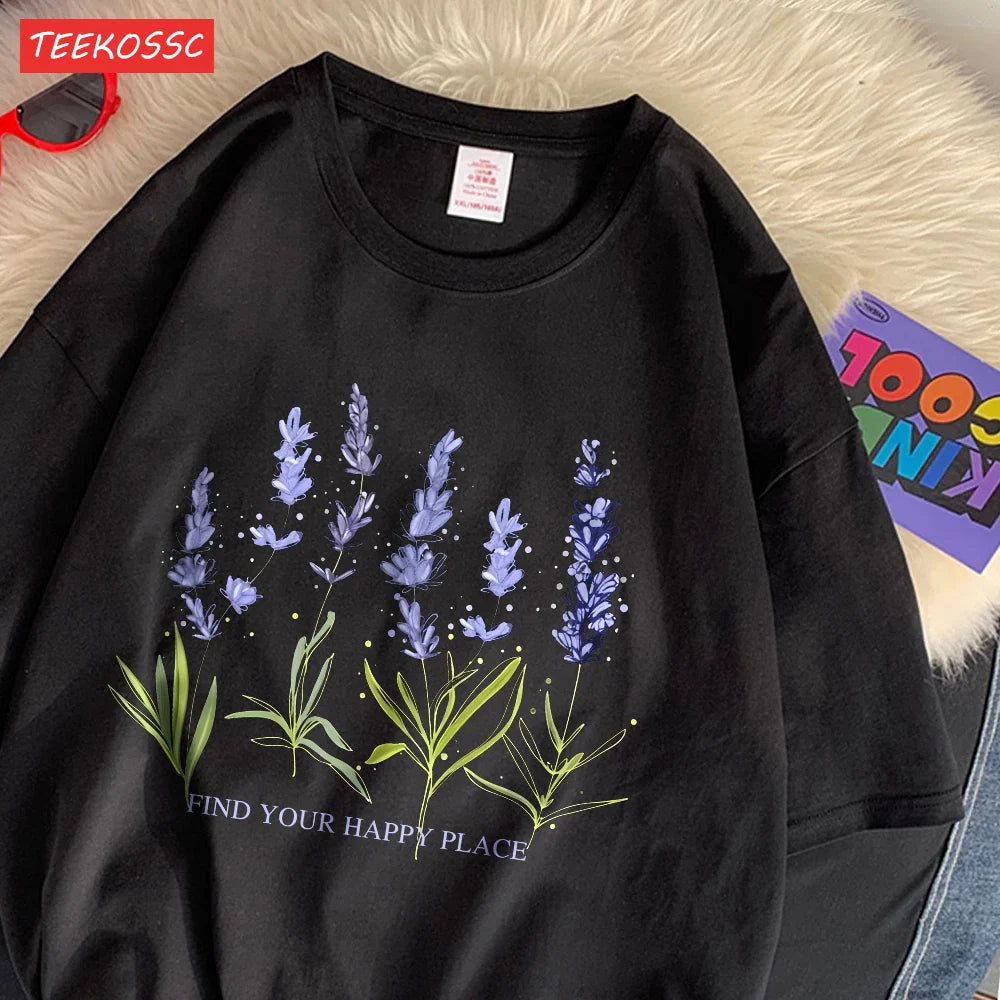 Oversized Cotton Women's T-Shirt with Soft Crewneck Lavender Print Short Sleeve Casual Streetwear Top