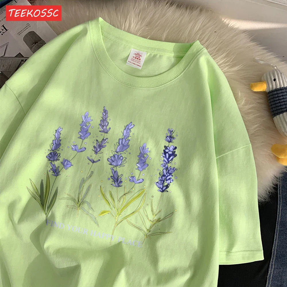 Oversized Cotton Women's T-Shirt with Soft Crewneck Lavender Print Short Sleeve Casual Streetwear Top