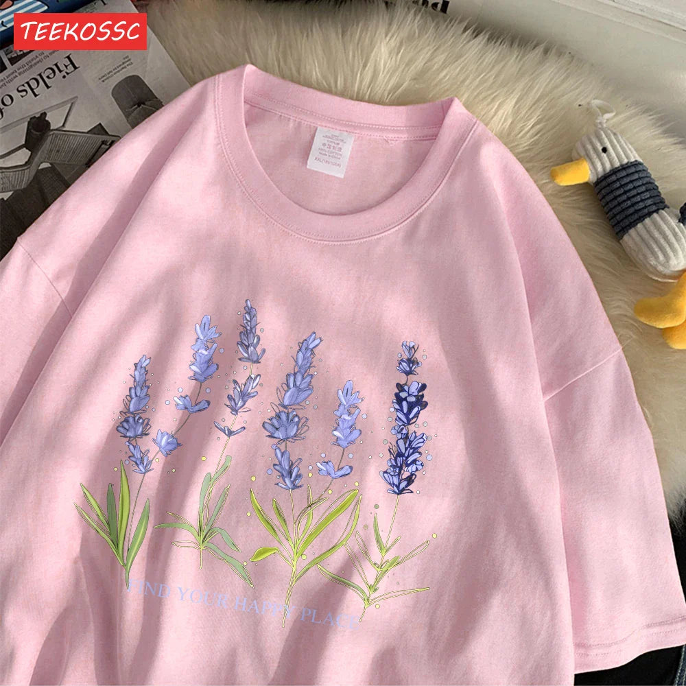 Oversized Cotton Women's T-Shirt with Soft Crewneck Lavender Print Short Sleeve Casual Streetwear Top