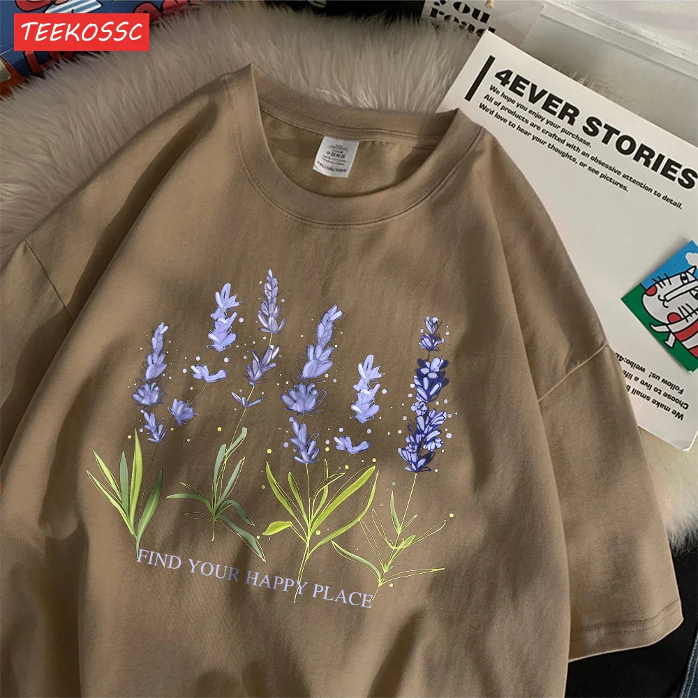 Oversized Cotton Women's T-Shirt with Soft Crewneck Lavender Print Short Sleeve Casual Streetwear Top