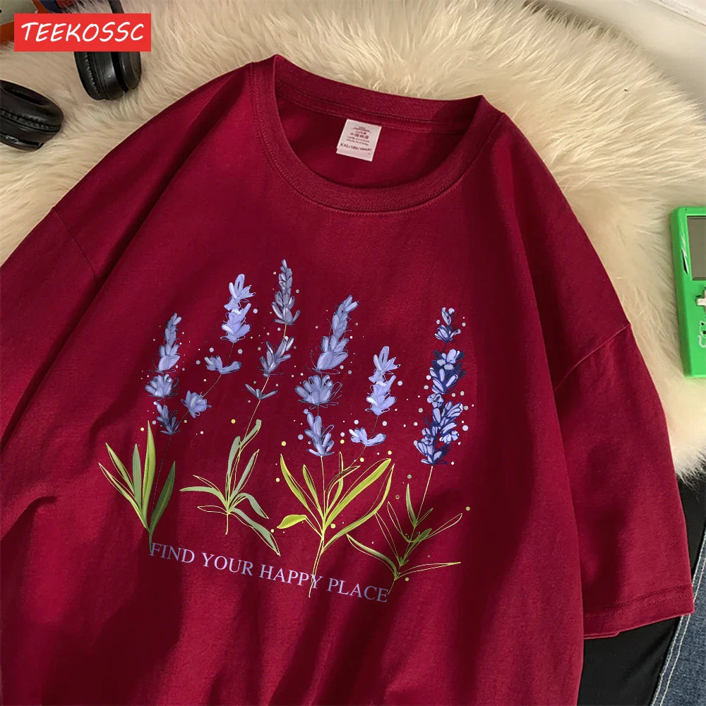 Oversized Cotton Women's T-Shirt with Soft Crewneck Lavender Print Short Sleeve Casual Streetwear Top