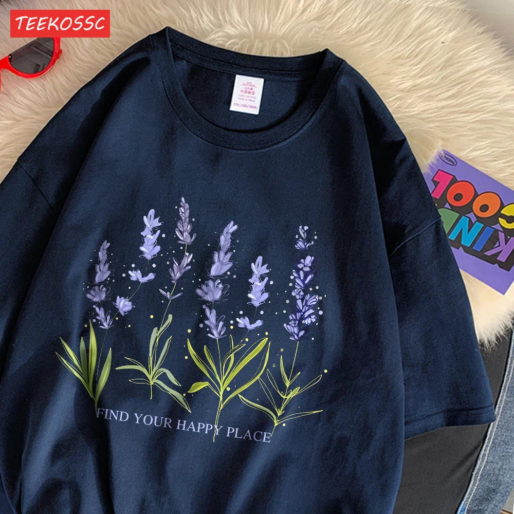 Oversized Cotton Women's T-Shirt with Soft Crewneck Lavender Print Short Sleeve Casual Streetwear Top