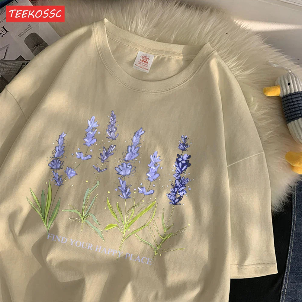 Oversized Cotton Women's T-Shirt with Soft Crewneck Lavender Print Short Sleeve Casual Streetwear Top