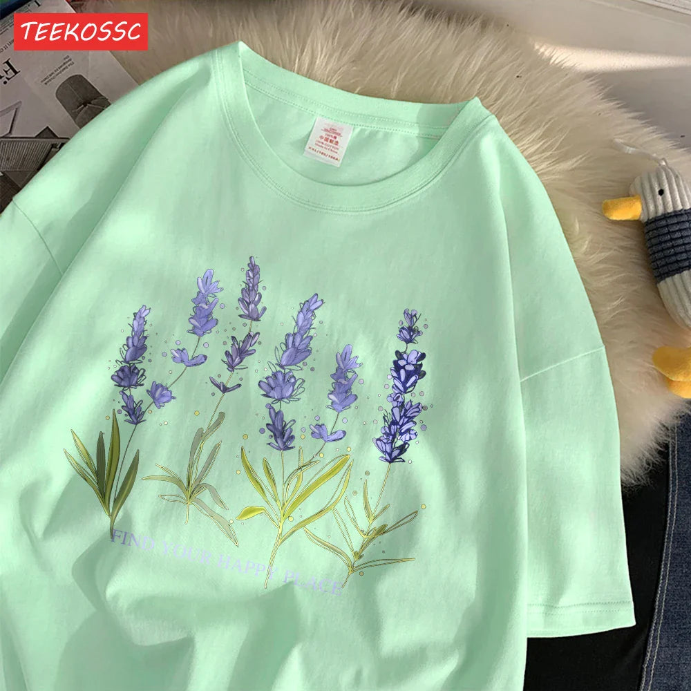 Oversized Cotton Women's T-Shirt with Soft Crewneck Lavender Print Short Sleeve Casual Streetwear Top