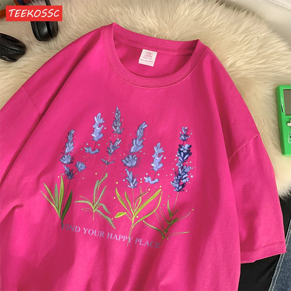 Oversized Cotton Women's T-Shirt with Soft Crewneck Lavender Print Short Sleeve Casual Streetwear Top