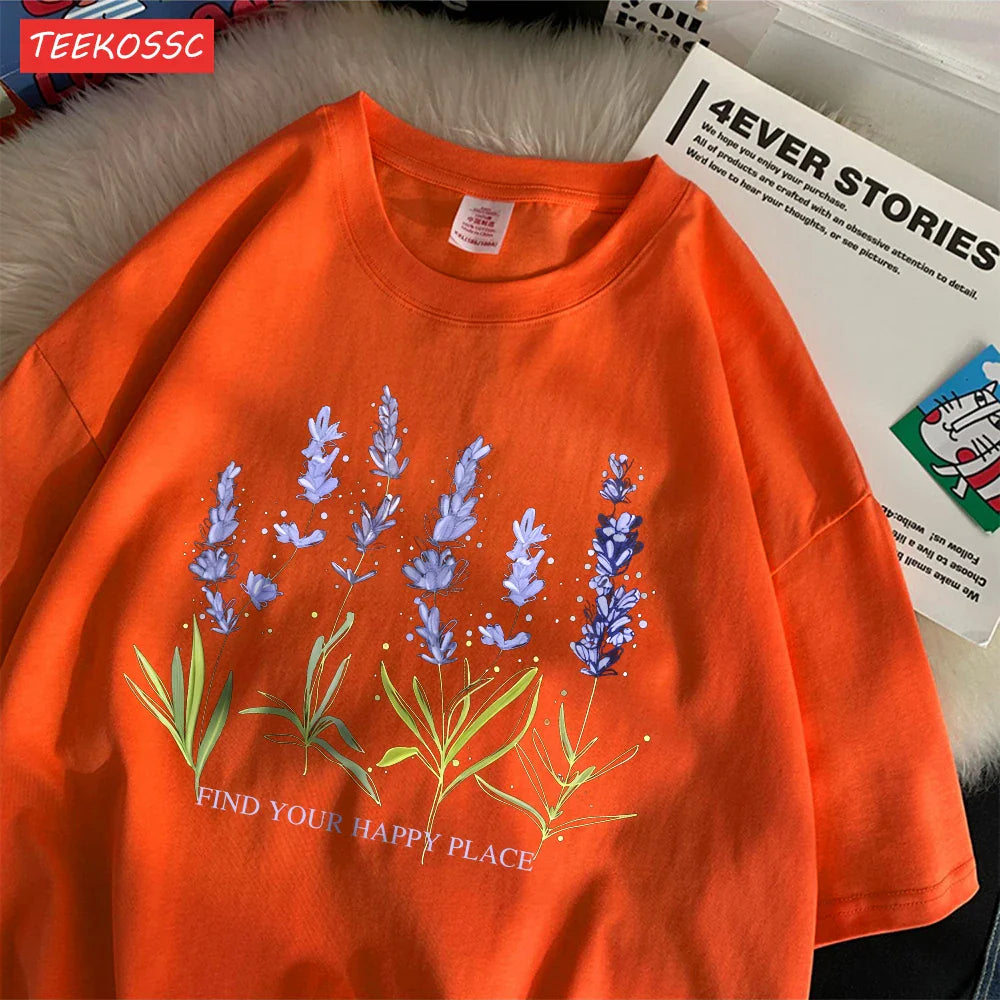 Oversized Cotton Women's T-Shirt with Soft Crewneck Lavender Print Short Sleeve Casual Streetwear Top