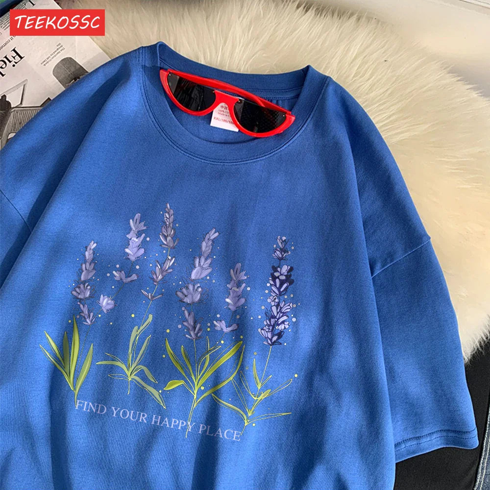 Oversized Cotton Women's T-Shirt with Soft Crewneck Lavender Print Short Sleeve Casual Streetwear Top