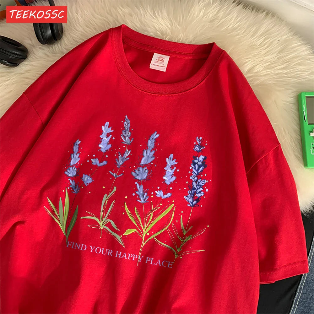 Oversized Cotton Women's T-Shirt with Soft Crewneck Lavender Print Short Sleeve Casual Streetwear Top