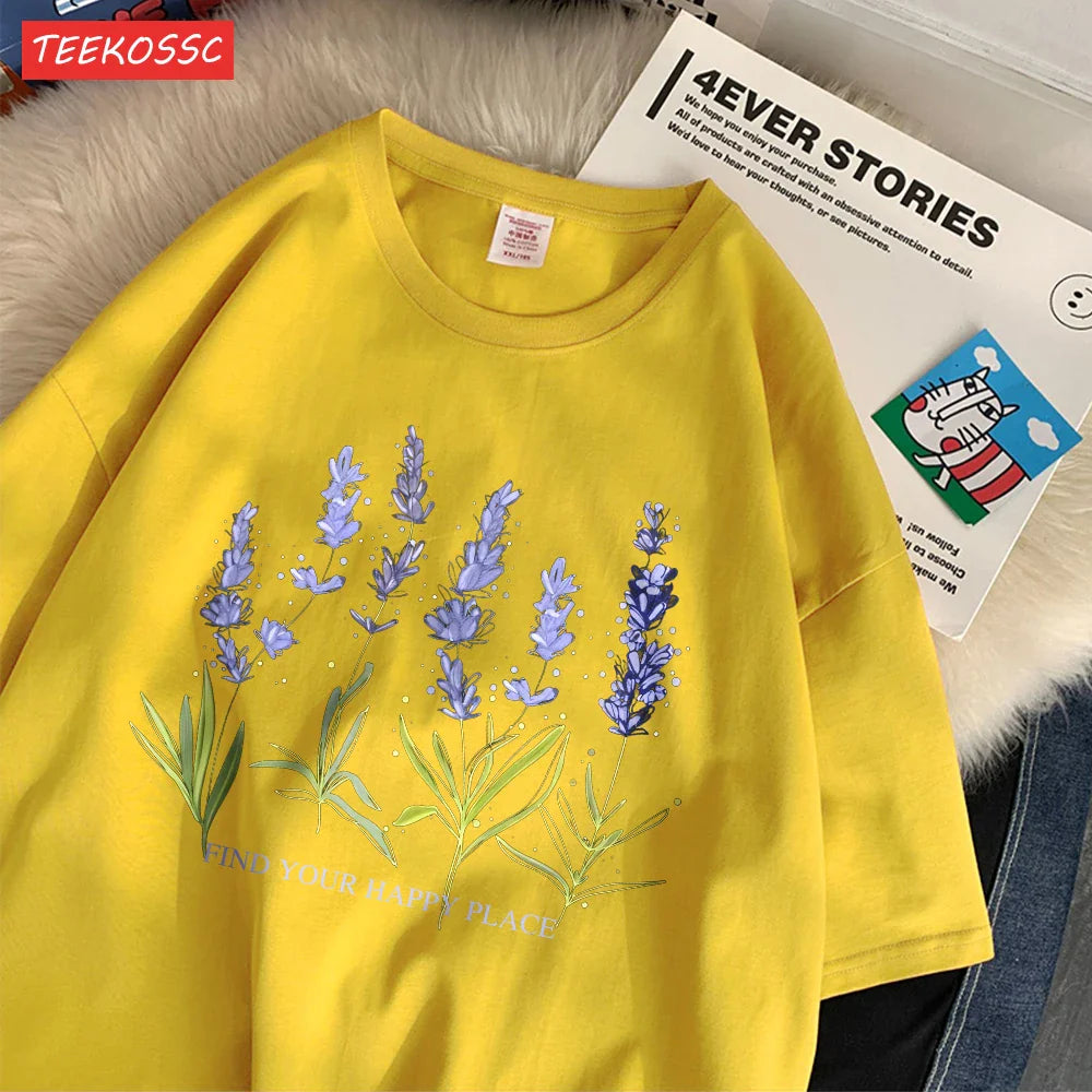 Oversized Cotton Women's T-Shirt with Soft Crewneck Lavender Print Short Sleeve Casual Streetwear Top