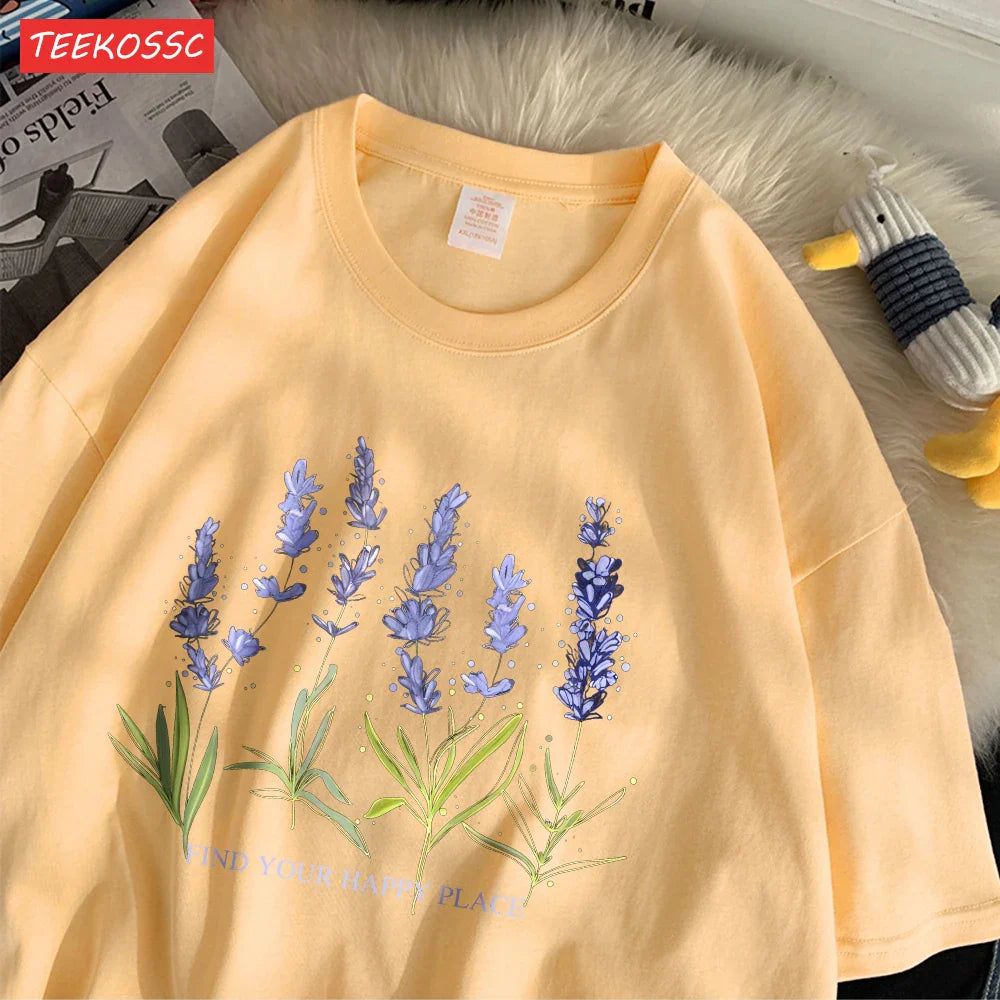 Oversized Cotton Women's T-Shirt with Soft Crewneck Lavender Print Short Sleeve Casual Streetwear Top