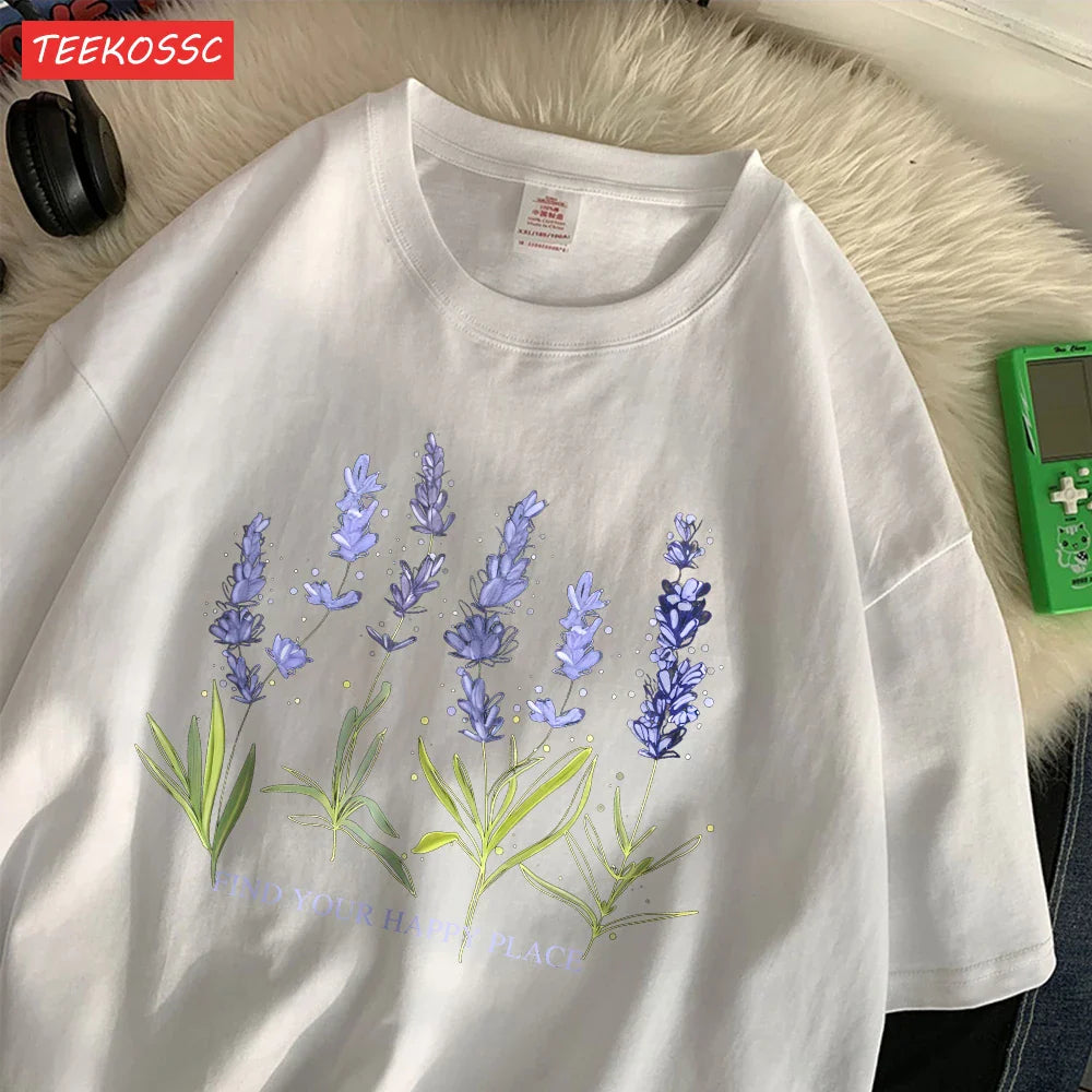Oversized Cotton Women's T-Shirt with Soft Crewneck Lavender Print Short Sleeve Casual Streetwear Top
