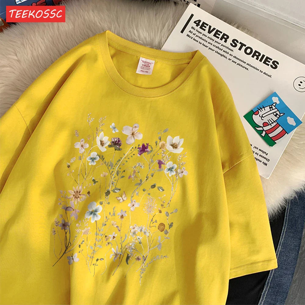 Cotton Women's Oversized T-Shirt with Beautiful Floral Cluster Print Short Sleeve O-Neck Breathable Summer Top in Multiple Colors