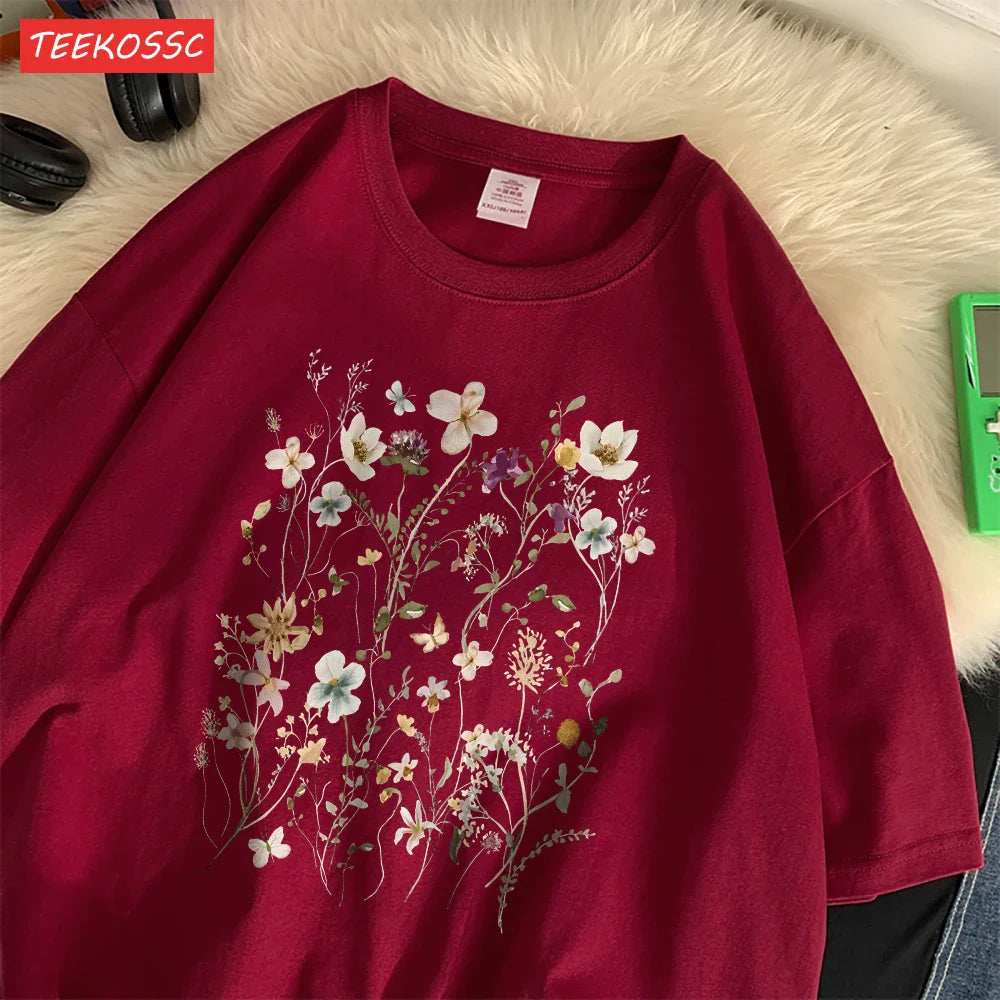 Cotton Women's Oversized T-Shirt with Beautiful Floral Cluster Print Short Sleeve O-Neck Breathable Summer Top in Multiple Colors
