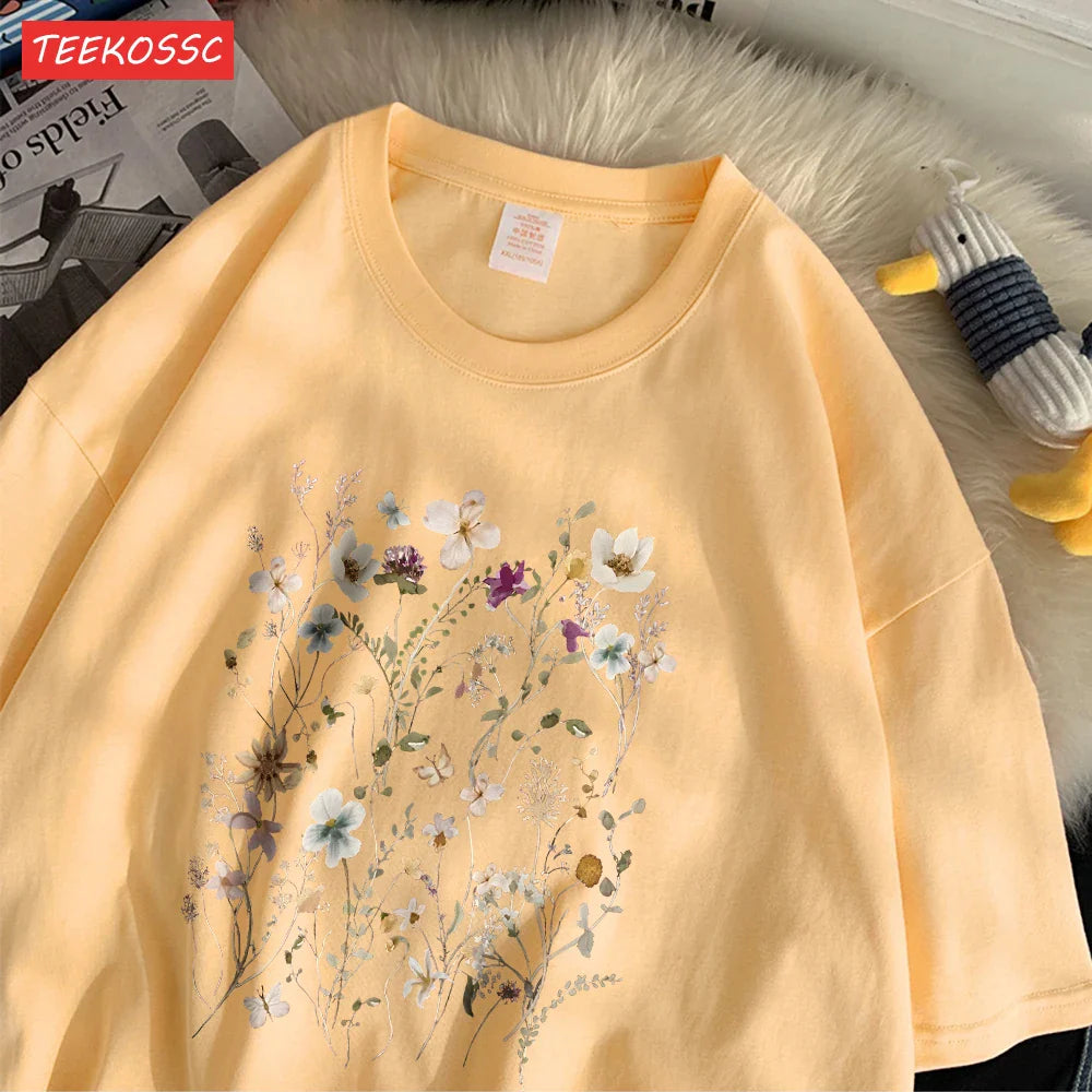 Cotton Women's Oversized T-Shirt with Beautiful Floral Cluster Print Short Sleeve O-Neck Breathable Summer Top in Multiple Colors
