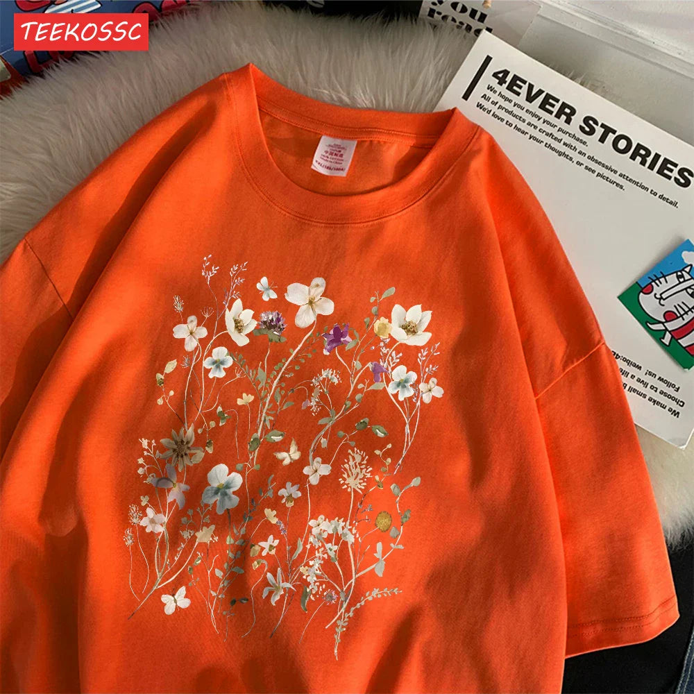 Cotton Women's Oversized T-Shirt with Beautiful Floral Cluster Print Short Sleeve O-Neck Breathable Summer Top in Multiple Colors