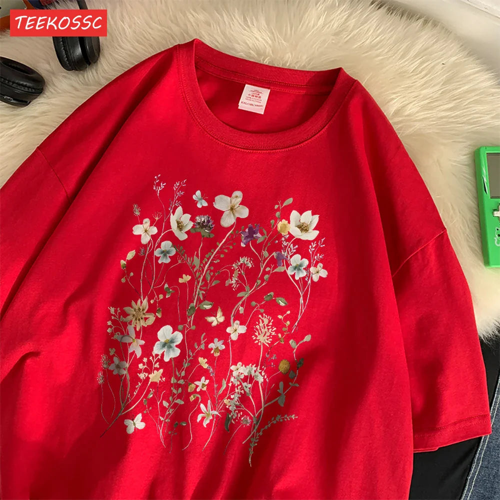 Cotton Women's Oversized T-Shirt with Beautiful Floral Cluster Print Short Sleeve O-Neck Breathable Summer Top in Multiple Colors