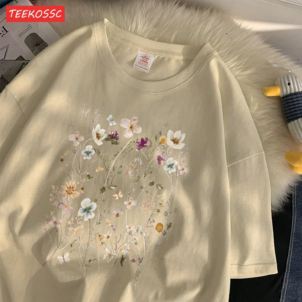 Cotton Women's Oversized T-Shirt with Beautiful Floral Cluster Print Short Sleeve O-Neck Breathable Summer Top in Multiple Colors