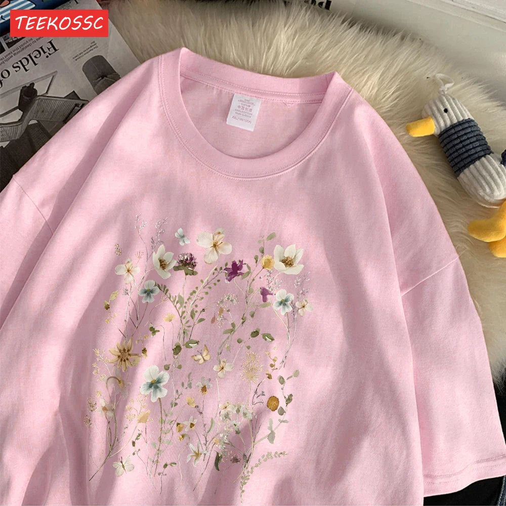 Cotton Women's Oversized T-Shirt with Beautiful Floral Cluster Print Short Sleeve O-Neck Breathable Summer Top in Multiple Colors