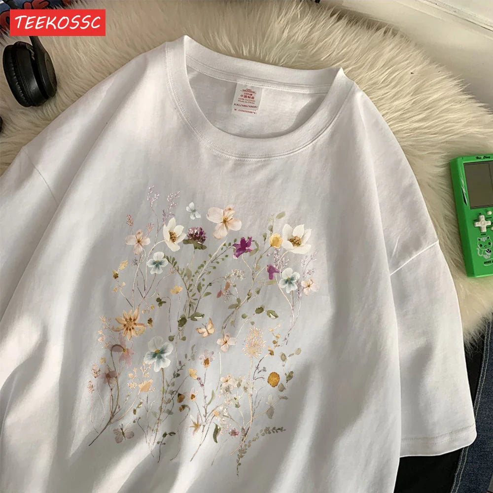 Cotton Women's Oversized T-Shirt with Beautiful Floral Cluster Print Short Sleeve O-Neck Breathable Summer Top in Multiple Colors