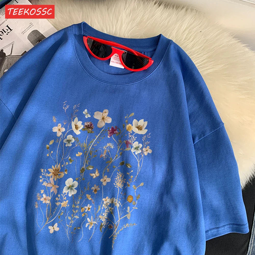 Cotton Women's Oversized T-Shirt with Beautiful Floral Cluster Print Short Sleeve O-Neck Breathable Summer Top in Multiple Colors