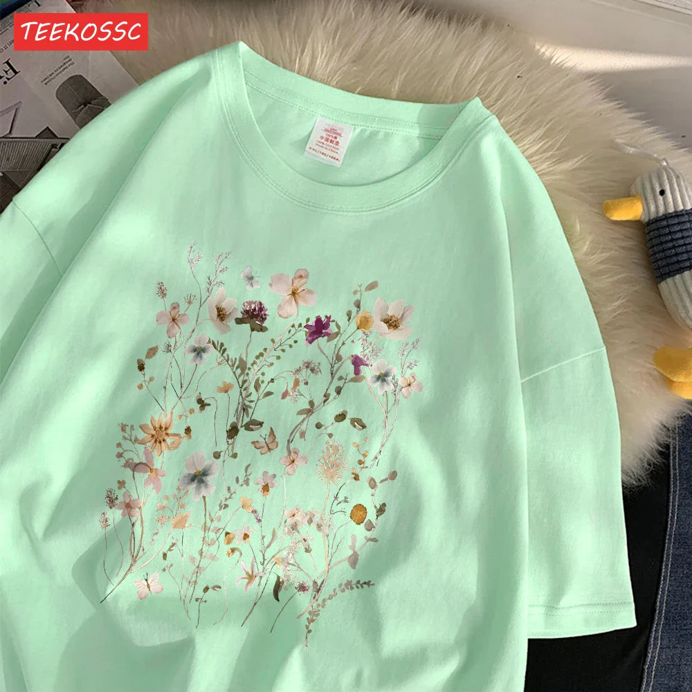 Cotton Women's Oversized T-Shirt with Beautiful Floral Cluster Print Short Sleeve O-Neck Breathable Summer Top in Multiple Colors