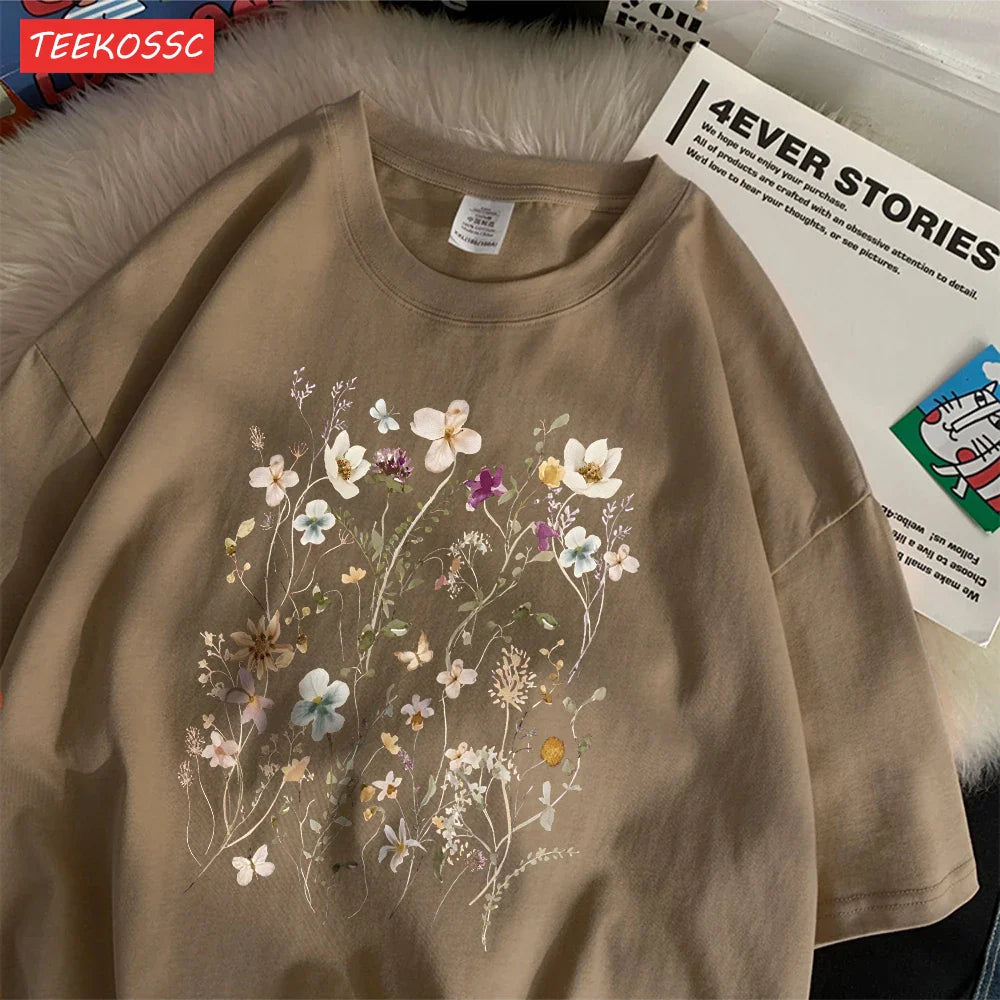 Cotton Women's Oversized T-Shirt with Beautiful Floral Cluster Print Short Sleeve O-Neck Breathable Summer Top in Multiple Colors