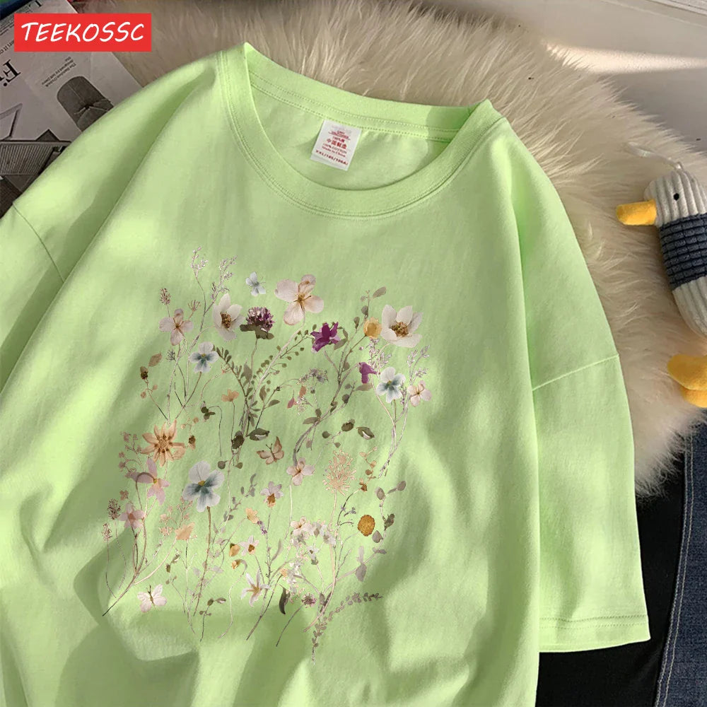 Cotton Women's Oversized T-Shirt with Beautiful Floral Cluster Print Short Sleeve O-Neck Breathable Summer Top in Multiple Colors