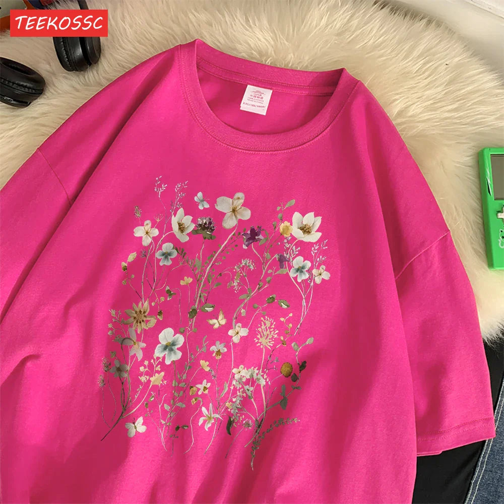 Cotton Women's Oversized T-Shirt with Beautiful Floral Cluster Print Short Sleeve O-Neck Breathable Summer Top in Multiple Colors