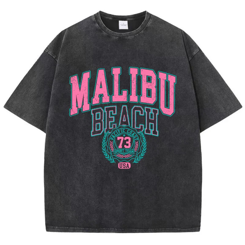 Malibu Beach Washed Cotton T-Shirt for Women Casual Oversized Crewneck Tee with Letter Print Soft Comfortable Short Sleeve Top