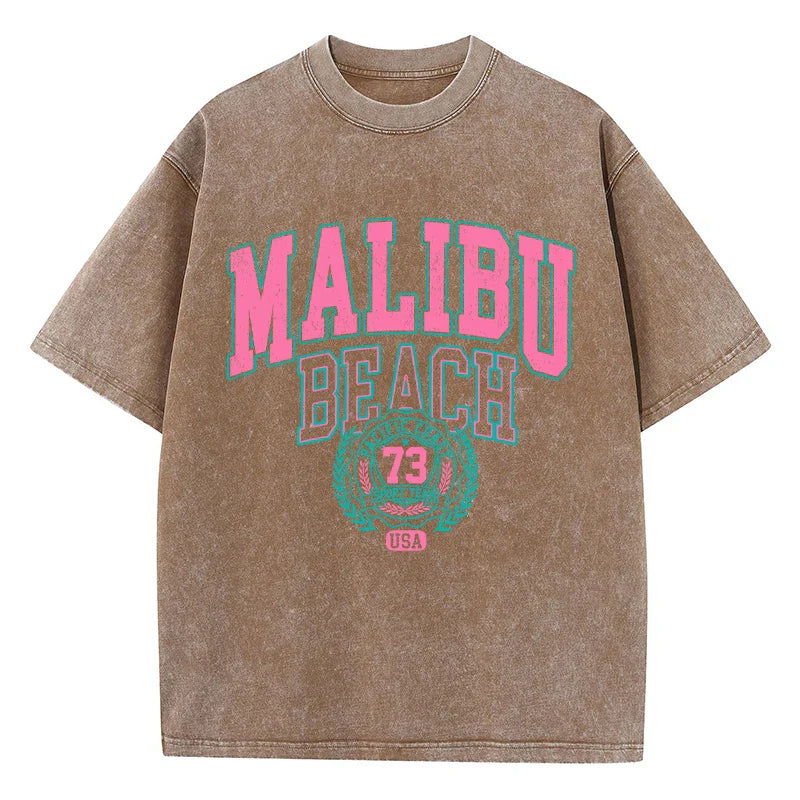 Malibu Beach Washed Cotton T-Shirt for Women Casual Oversized Crewneck Tee with Letter Print Soft Comfortable Short Sleeve Top
