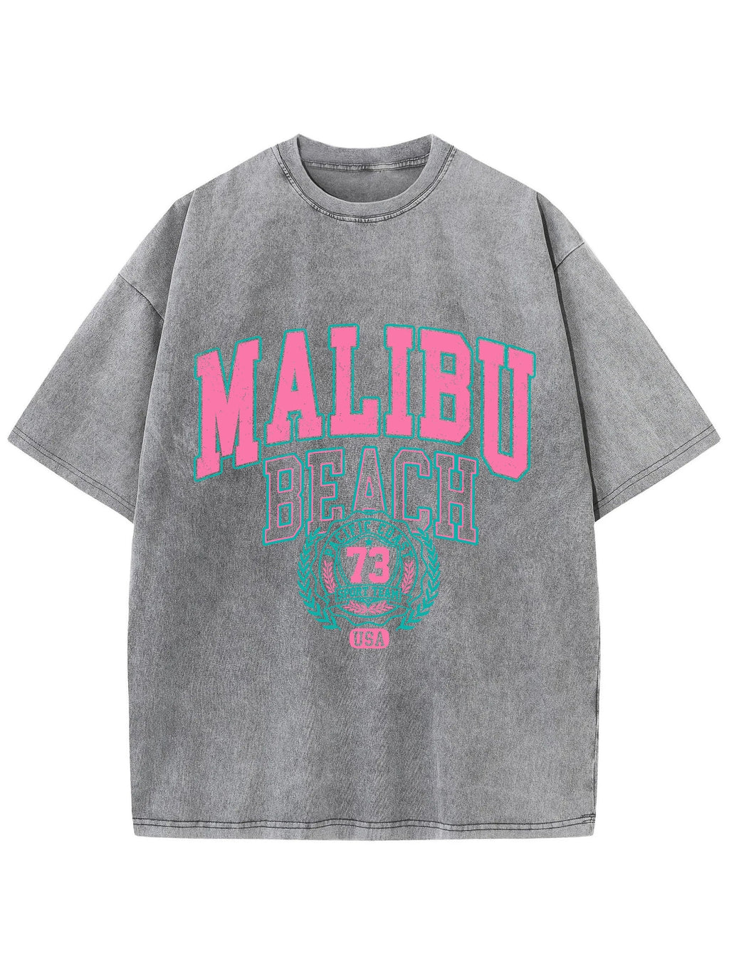 Malibu Beach Washed Cotton T-Shirt for Women Casual Oversized Crewneck Tee with Letter Print Soft Comfortable Short Sleeve Top